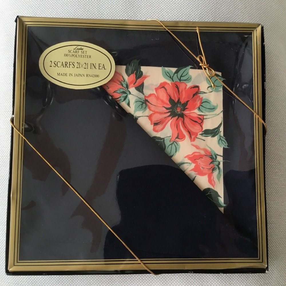 Vintage 1960s Kmart Boxed 2 Scarf Set Navy Floral New